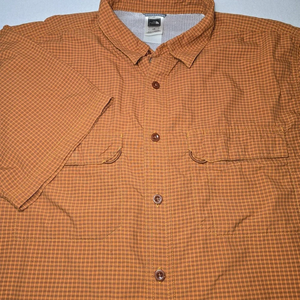 The North Face Hiking Camp Shirt Men's L Orange Plaid Button Up‎ Outdoor EUC